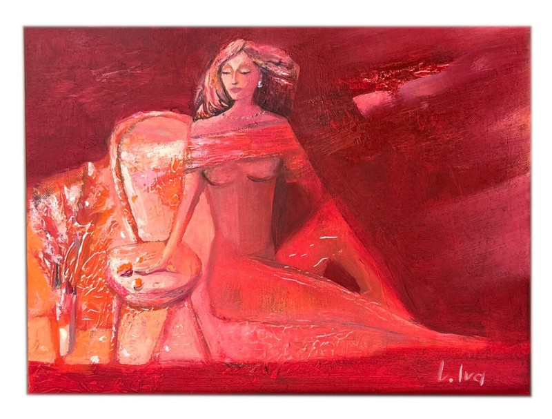 Original Oil Painting – Red Woman Sitting in the Sun Room