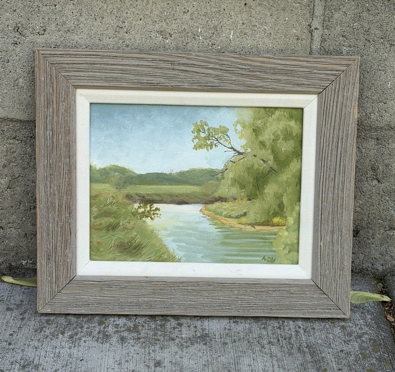 Nature Art Rustic Frame Watercolor Painting Lush Greenery Tree Calm River Signed