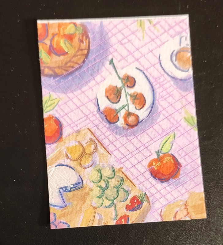 ACEO: Original Gouache Painting (6.4 x 8.9 cm): Pink Picnic 3/4 by Lenahui