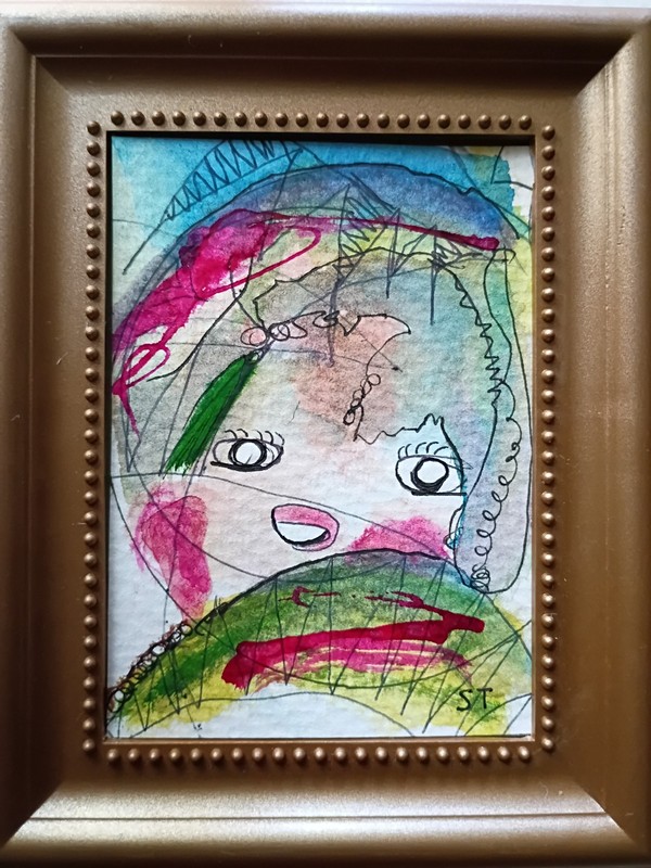 ACEO OOAK Portrait Mixed Media Abstract Ink Art On Paper Handmade Signed CH19E