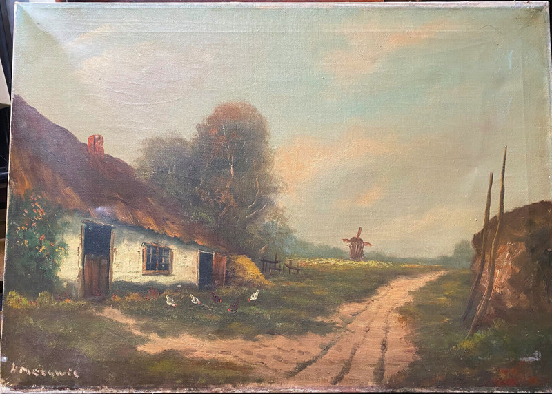 Oil Painting Undeutl. Sign 1900 Romantic Farm With Mill & Chickens