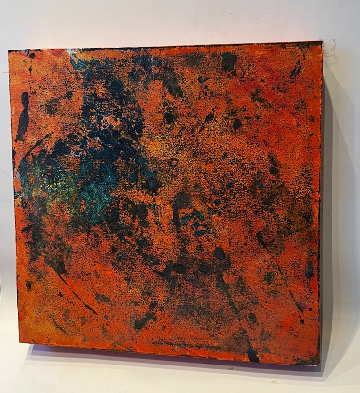 abstract green orange mixed media oil painting LW 40x40x6 cm color composition original gallery