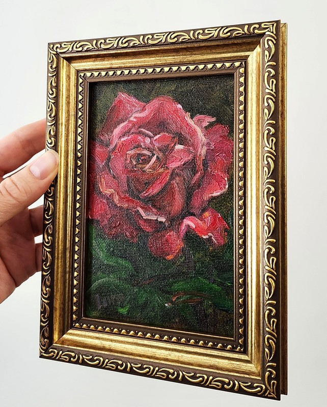 Moody Red Rose Original Oil Painting 4x6 Framed Signed OOAK Floral Art Gift gallery