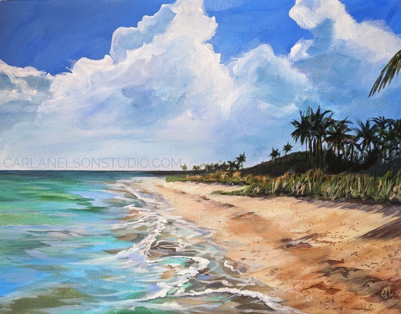 Tropical Seascape Beach Original Painting with Palm Trees. Hand-Painted OOAK 14″