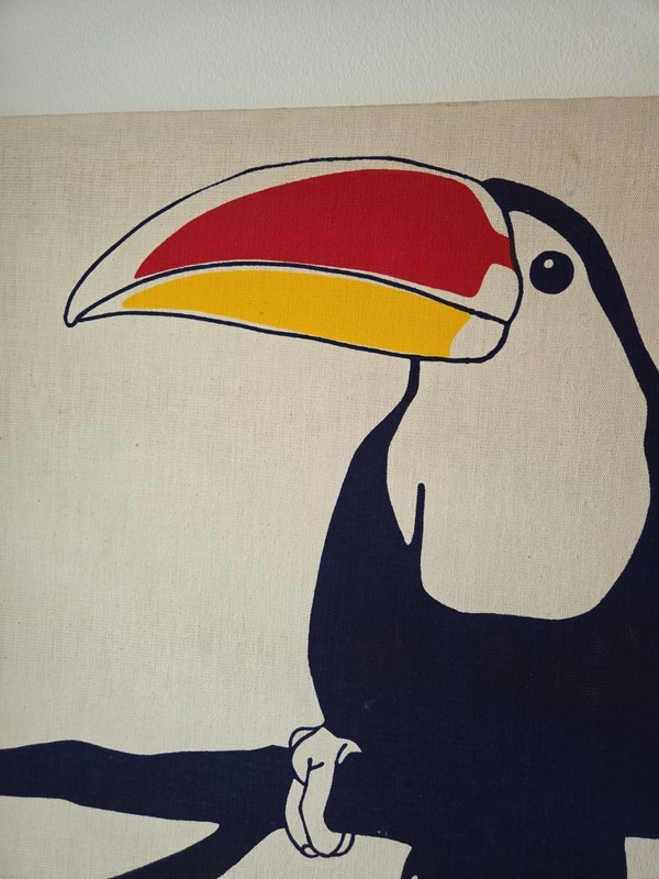 Vintage Marushka Canvas Screen Print Toucan On Branch 26 X 26 1970s Signed gallery