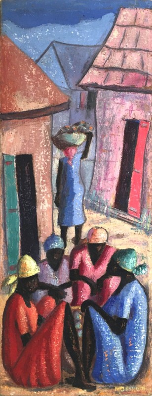 "Village Scene" by Mathilde Desrosiers- Haitian Art - 8 in x 20 in - Framed gallery