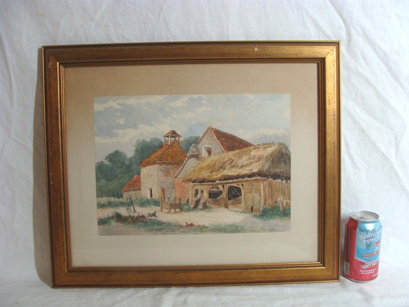 Antique 1895 Radclive Bucks Farm Barn Chickens Landscape W/C Painting gallery