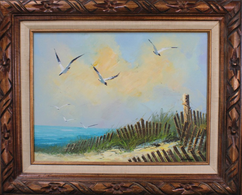 Vintage Beachfront Seascape Seagalls Oil Painting On Canvas Signed Wilson gallery