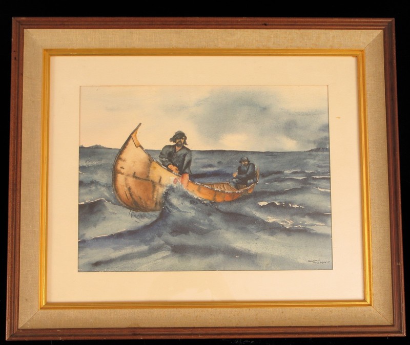 VINTAGE NAUTICAL SCENE TWO MEN IN LEATHER CANOE CAPE COD MASS SIGNED SCOTT TERRY gallery