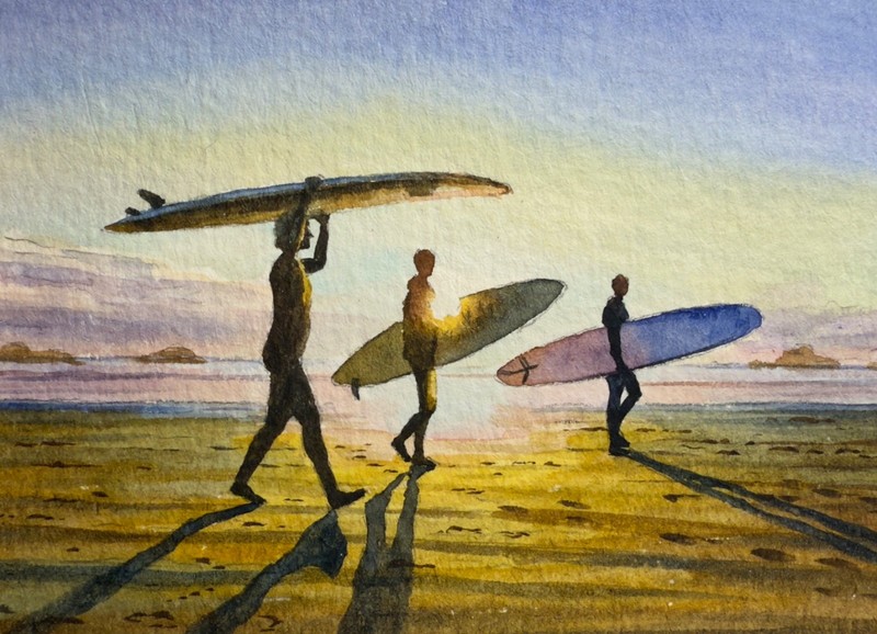 Watercolor Painting Surfers Ocean Sunset Seascape ACEO Art No.412