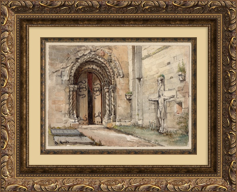 Beautiful watercolor painting of Glastonbury Abbey architectural detail, 1850s