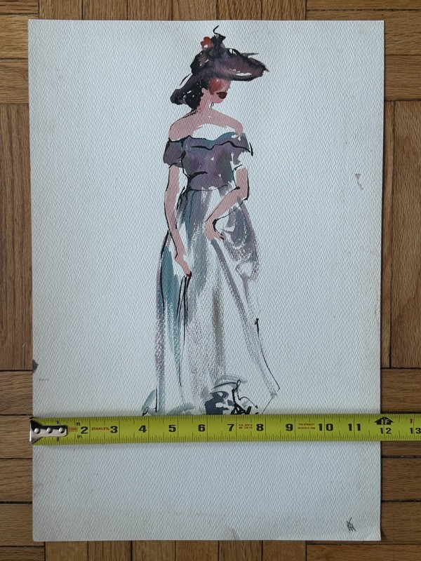 VTG 1950's MCM Watercolor Painting Woman in Dress Womens Fashion 18 x 12 gallery