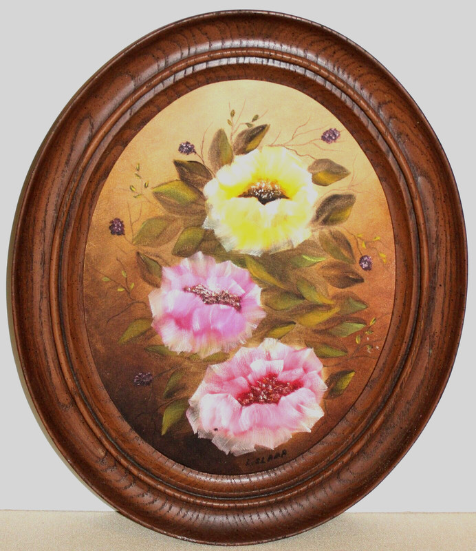 Original Art Acrylic Painting Flowers on Oval Canvas – Hard Plastic Frame VGC