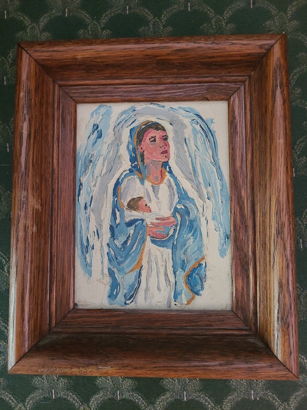 Oil On Canvas (Or Board) Framed Mother And Baby Child Blue White 7.5in X 6in