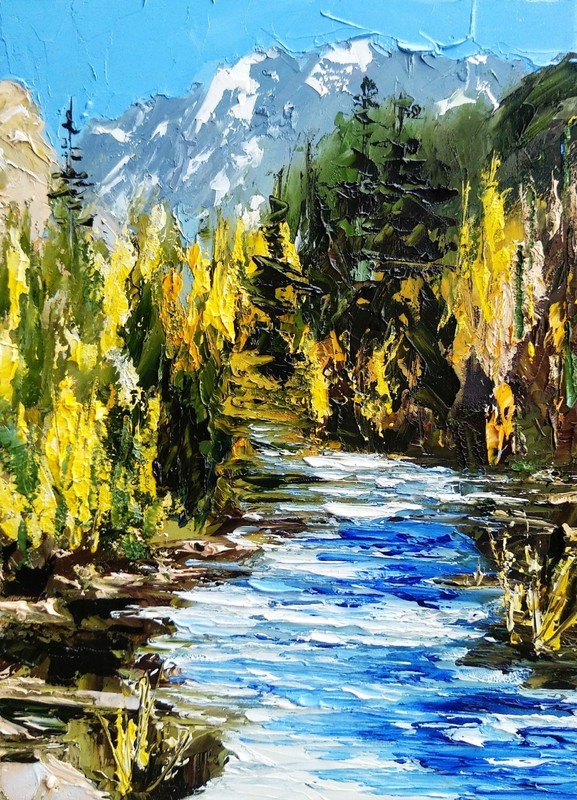Mountain Stream with Pine Trees Original Oil Painting Nature Landscape Art gallery