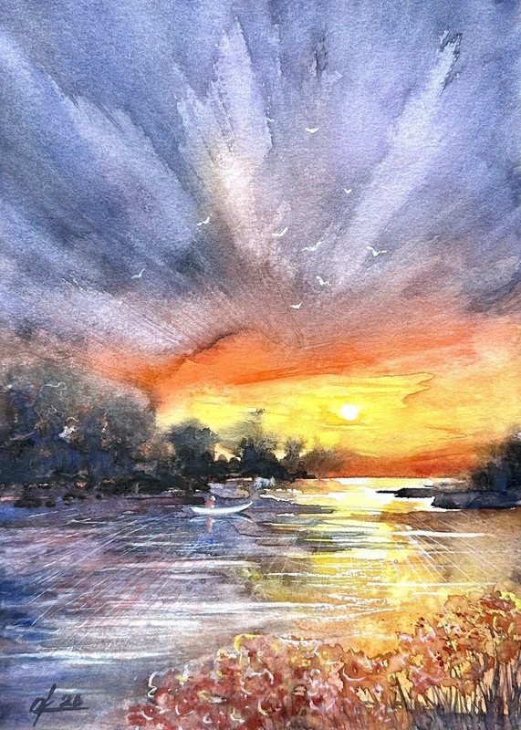 Seascape sunset river a boat sea sunset Original watercolor painting