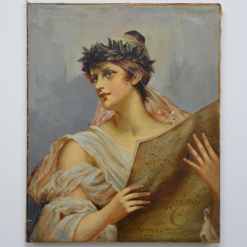 Antique Signed & Dated 1891 Oil Painting of Polyhymnia, Muse of Music