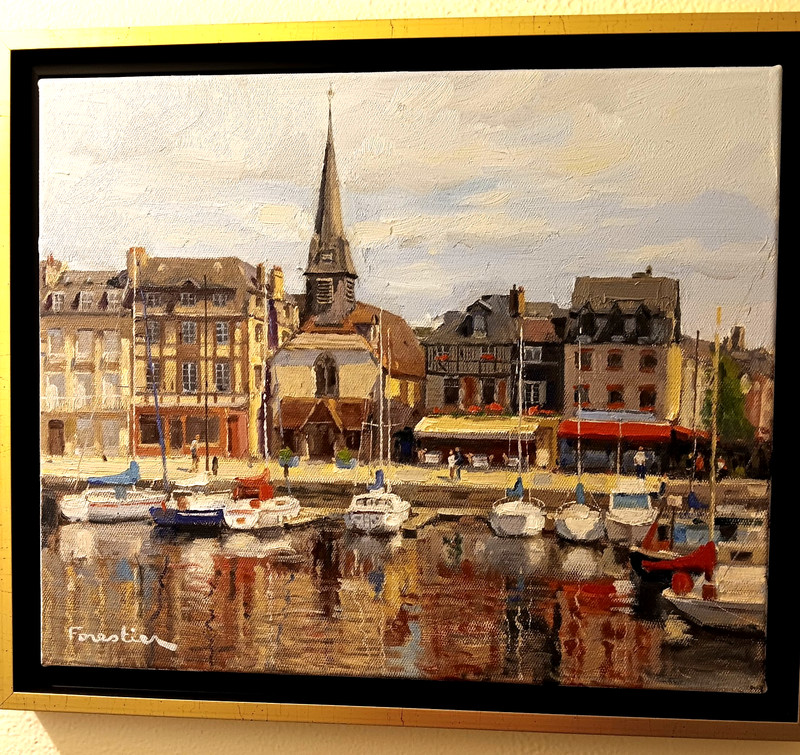 «HARBOR AT HONFLEUR, NORMANDY, FRANCE» Framed Oil Painting on Canvas. signed