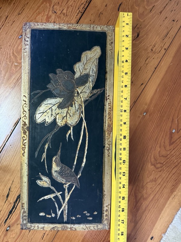 Lacquered Black & Gold Hand Painted, Hand Carved Panel 18 x 7.5 in, antique gallery