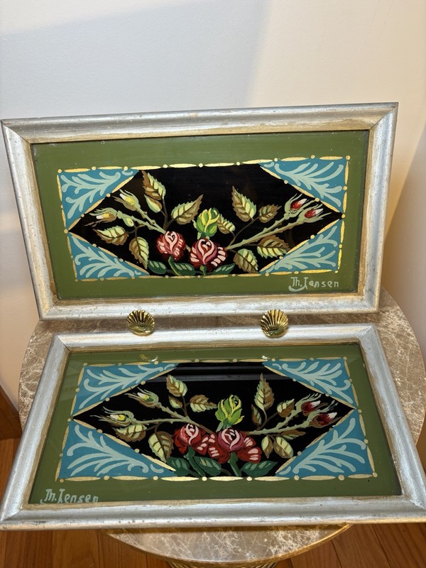 Vintage Scandinavian Reverse Painted Glass Floral Art Pair Jensen