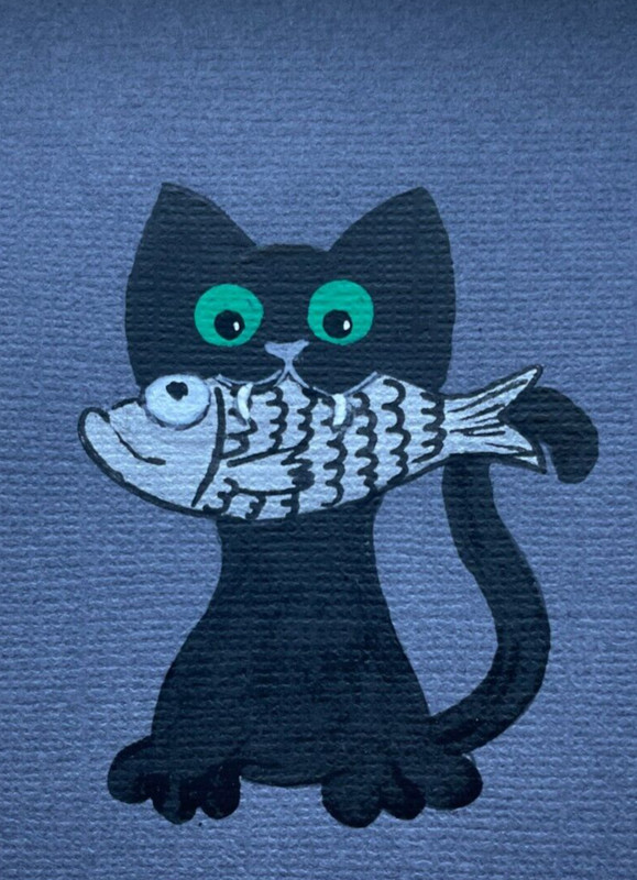 ACEO Mini Original Art Card Black Kitty Cat Kitten & Big Silver Fish by Saulite