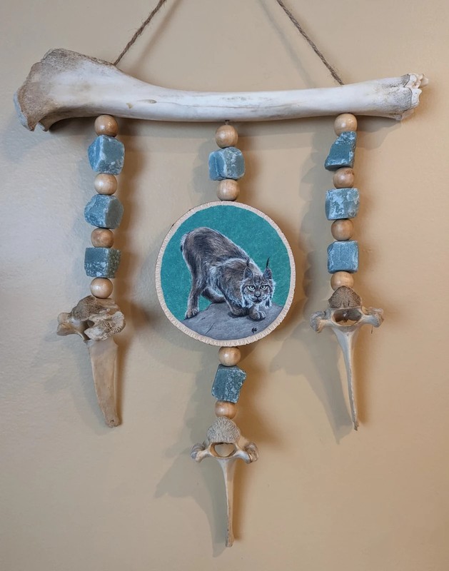 Lynx Painted Birch Wall Hanging: Aventurine Stone & Deer Bone Art