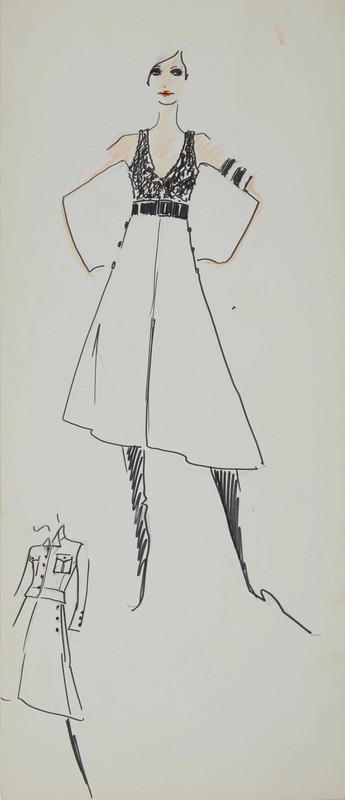 Karl Lagerfeld Original Fashion Sketch Ink Pen with Marker Drawing Contemporary