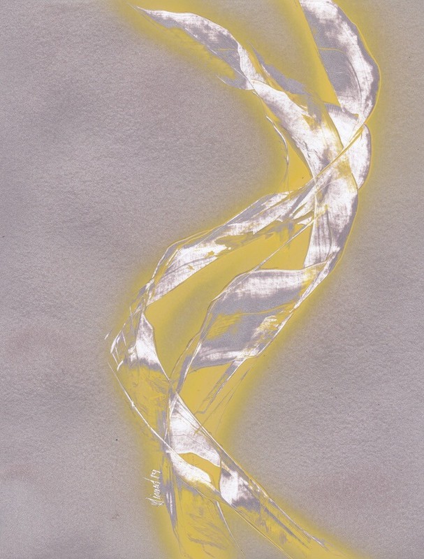 Art painting by Jason Girard of Yellow Strand DNA with silver background.