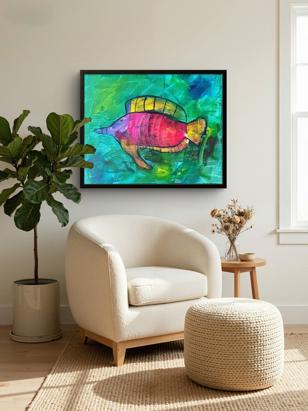 Original Tropical Fish Painting 20x16 Acrylic Canvas Pink Teal Signed gallery