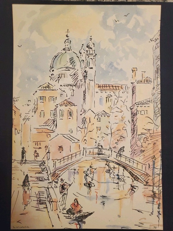 Venice watercolor print by Antonio Lucarda 11.5 x 8 inches circa 1950s