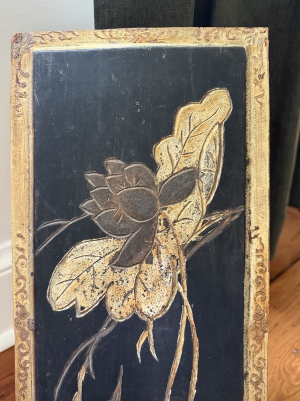 Lacquered Black & Gold Hand Painted, Hand Carved Panel 18 x 7.5 in, antique gallery