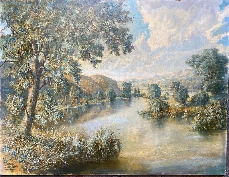 Franz Gollinger Listed Landscape Riverside Antique Berge Summer Day Signed Oil