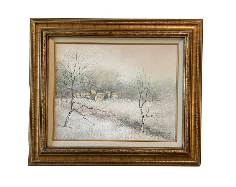 ALFERIO MAUGERI PAINTING LANDSCAPE FRENCH COUNTRY ROAD SNOW WINTER ORIGINAL Vtg