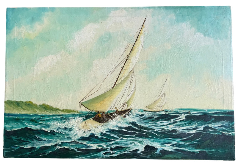 Original Oil Painting on Canvas 24x36 – Seascape with Sailboats – Signed gallery