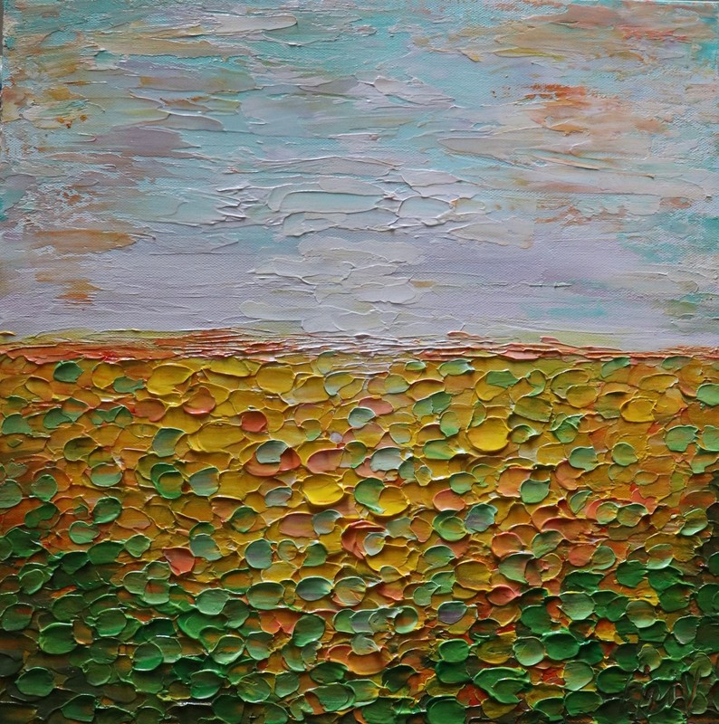 Abstract Sunflower Landscape Sunset Orange Green Yellow Original 16x16 Painting gallery