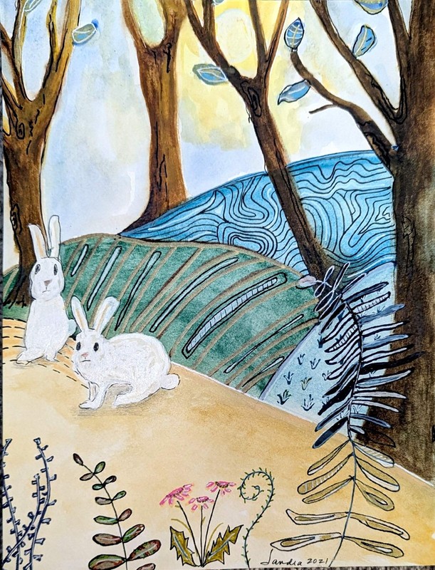 8.5×11 Watercolor And Ink Paper Abstract Outsider Art Easter Surreal Landscape