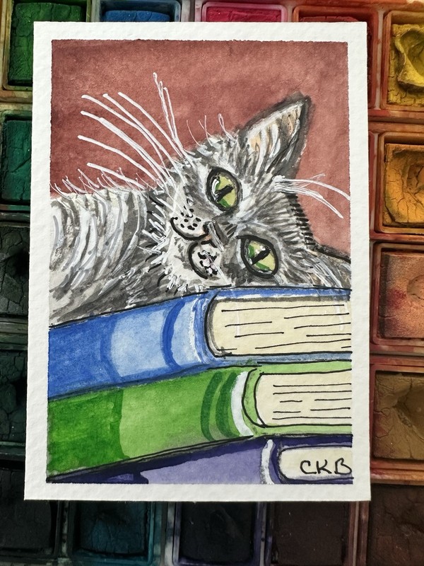 ACEO Original Watercolor Grey Tabby Cat Laying On Books Signed 2.5 X3.5