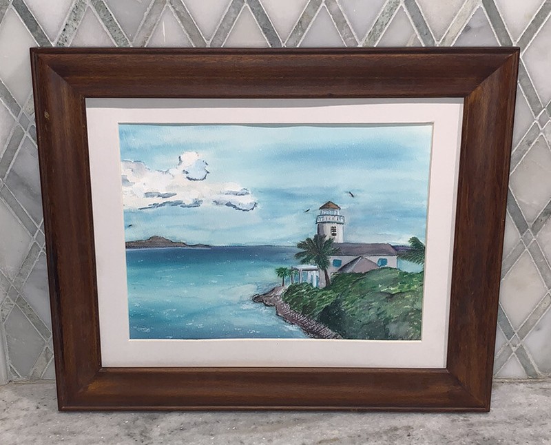 Vintage Lighthouse Ocean Watercolor Signed Framed 14 1/8”H x 17 1/8”W *No Glass