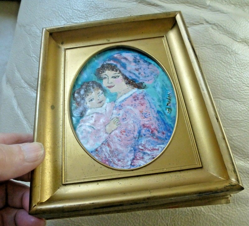 Orig MINIATURE Painting Enamel on Copper BETTE DUBIN Mid Century Mother & Child