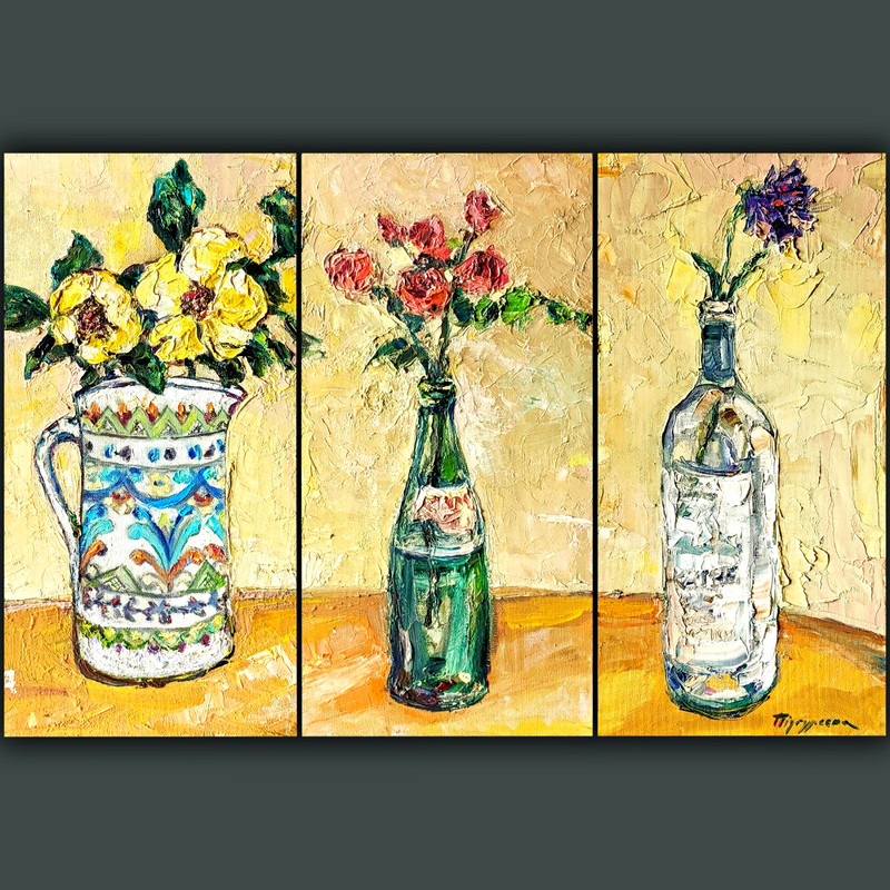 Original Textured Floral Still Life Triptych Oil Painting 3 Canvas panel 16×8″