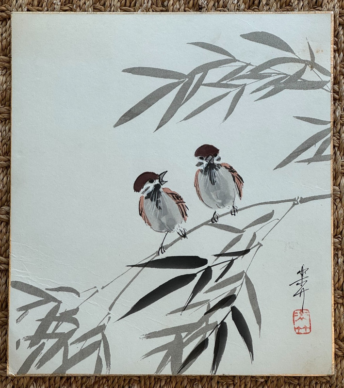 Vintage Japanese Shikishi Art Board Sparrows & Bamboo Original Wrapper