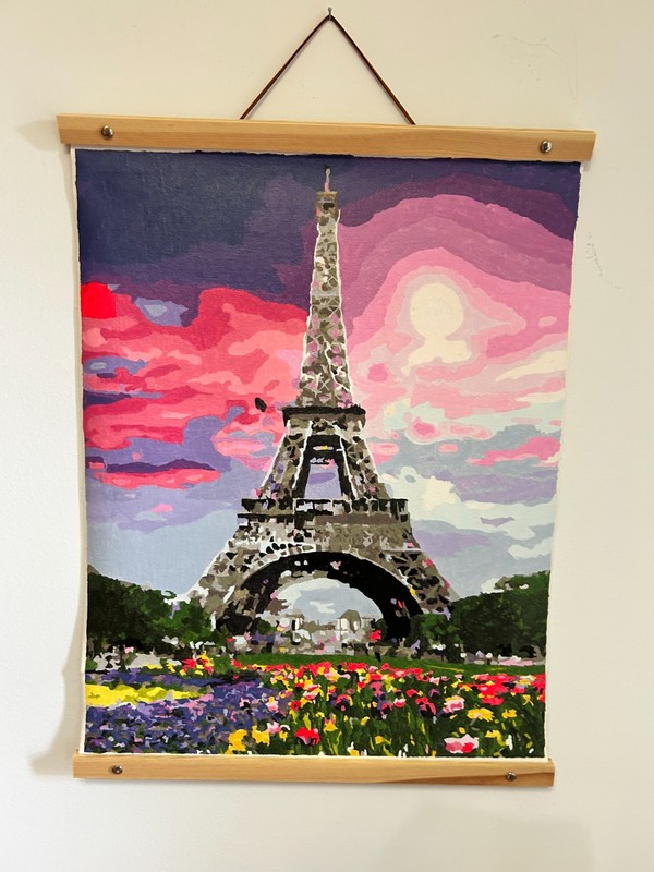 Eiffel Tower in Paris painted in Acrylic – 16″ x 20″ Wood & leather frame