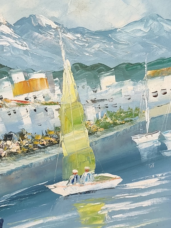 Impressionist Seascape Seaside Town Scene OOAK Painting On Canvas By Brown gallery