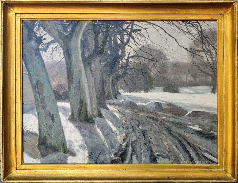 Arthur Nielsen (1883-1946): ROAD THROUGH WINTER FOREST, original oil.