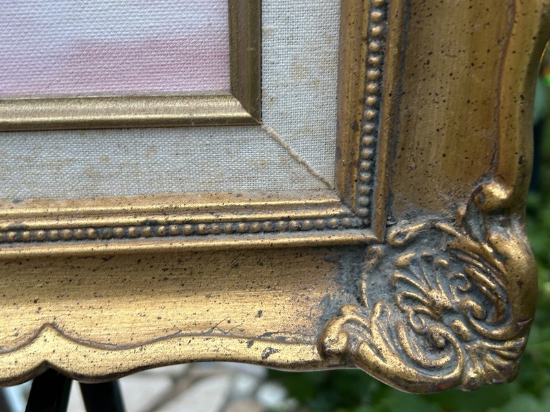 Signed Oil on Canvas Board Pink Flowers in Easter Rabbit Pot, Gold Frame gallery