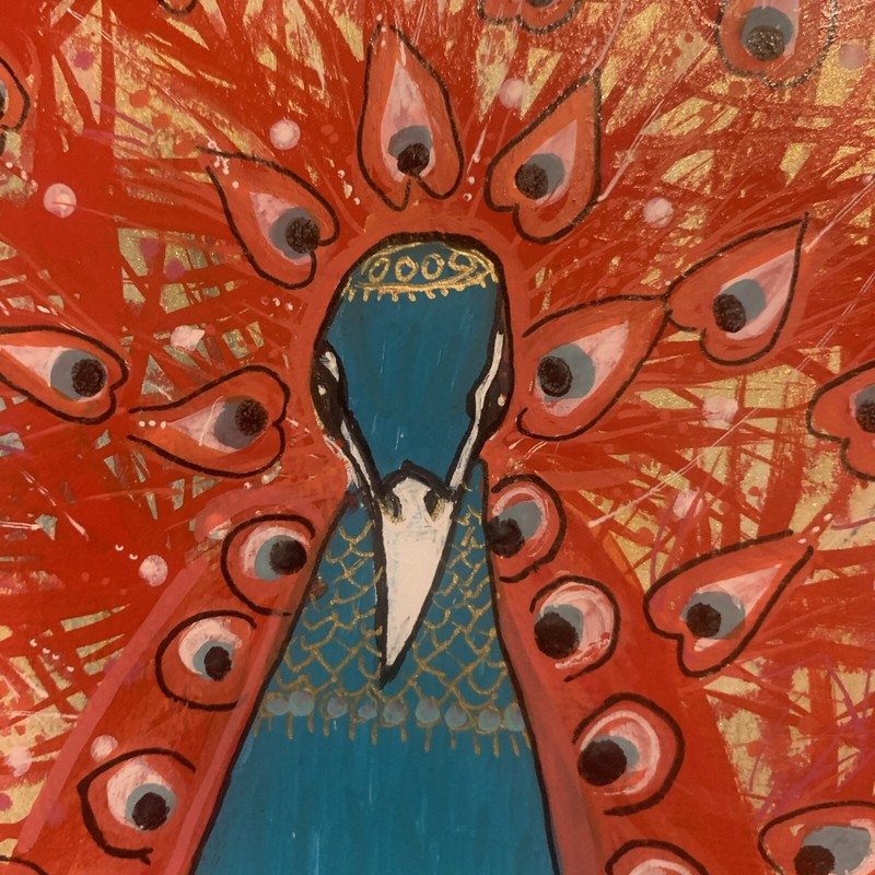 Red Heart Feathers Fancy Peacock Bird Mixed Media Painting Moody Virgo Arts