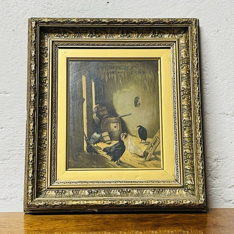 Farmyard Scene Painting PRINT with Chickens and Rooster in Ornate Gold Frame gallery