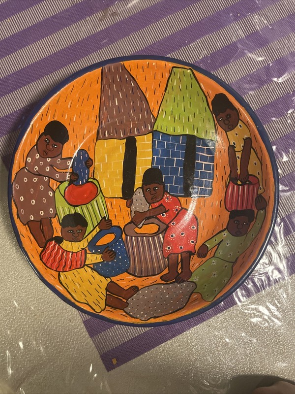 Vintage Original African Painted Bowl “Tribal Family Cooking Food”