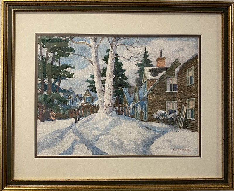 Signed Y.E. Soderberg Winter Village Print New England Snow Scene Framed 17x21