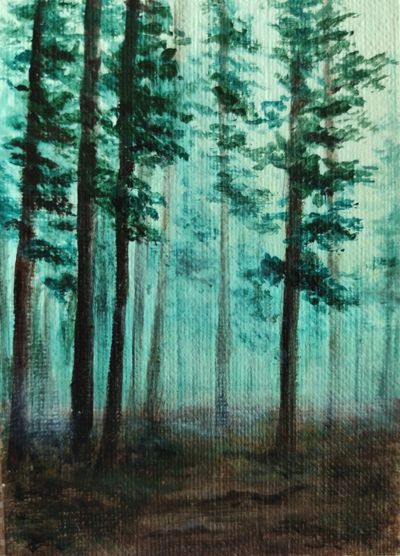 ACEO Original Acrylic Painting Mysterious Forest Series Fog Landscape